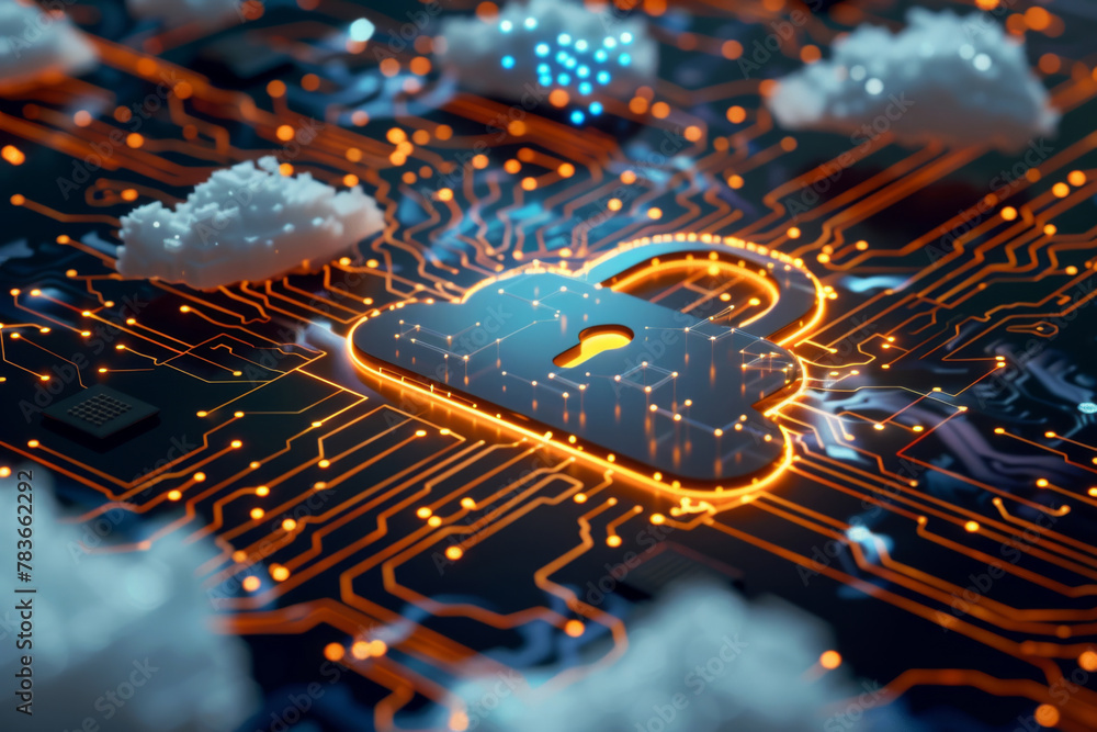 Poster cyber internet cloud security or data storage of network protection with padlock sign light, futuris