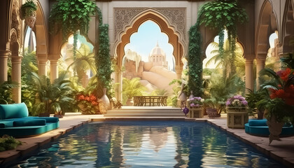A beautiful, ornate pool area with a large fountain and a couch - obrazy, fototapety, plakaty