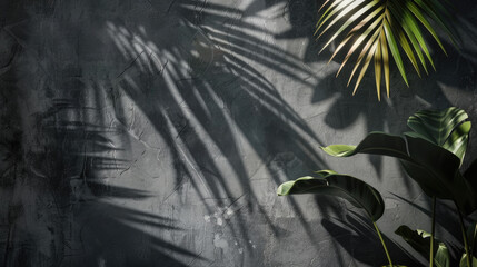 Dark grey wall with tropical palm leaf shadow. Beautiful abstract background concept banner for summer vacation