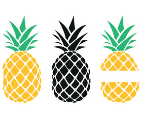 Vector illustrations of pineapple designs (colorful, black, with a place for writings)