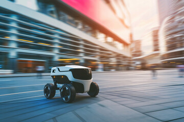 delivery robot in the city in motion, automated delivery, close