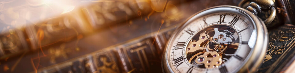 Banner Antique pocket watch leather-bound book: concept, history, time, management, timeless, design