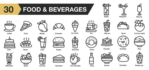 Set of 30 food and beverages icon set. Includes cake, mango, pancake, pizza, salad, rice, salad, and More. Outline icons vector collection.