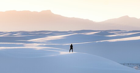 Female in black clothing admiring the view of mountains at White Sands National Park