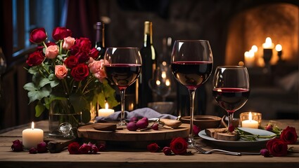 Naklejka na ściany i meble romantic supper. A wooden table with two glasses of red wine, a bouquet of flowers, and candles.
