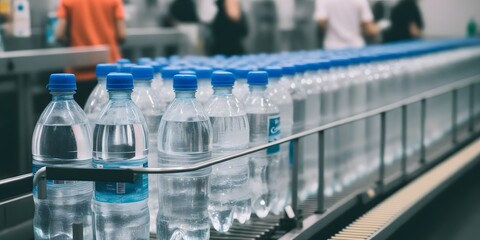 Assembly Line Flow. A row of clear plastic water bottles travels along a stainless steel conveyor belt in a bottling factory.