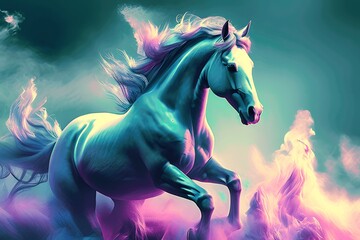 A Majestic White Horse Galloping Through Vibrant Smoke, Fearless White Horse, Black Background, AI Generated - obrazy, fototapety, plakaty