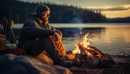 Two men sitting by a fire by a lake - Powered by Adobe