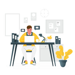 Vector of man working on his desk. Man focusing her job on his desk use laptop. Youngman study using laptop on his desk. Man work from home on her desk.