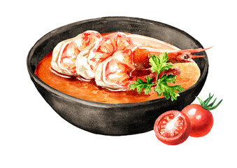 Bowl of Asian soup Tom Yum soup with shrimps. Hand drawn watercolor illustration, isolated on white...