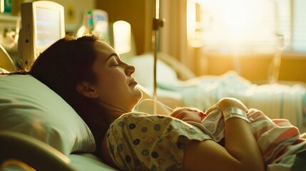 A serene hospital room, where a mother's first embrace envelops her newborn, wrapping him in warmth and security.