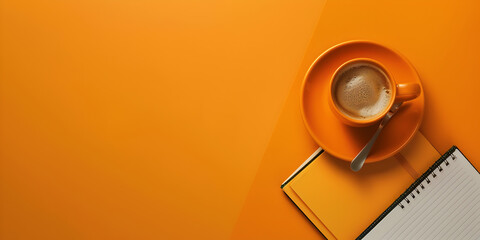 Marketing coffee cup and notebook web banner. Coffee cup and notebook isolated on orange background with space for text.