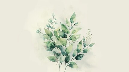 A watercolor painting of a bouquet of eucalyptus leaves and white flowers on a beige background.