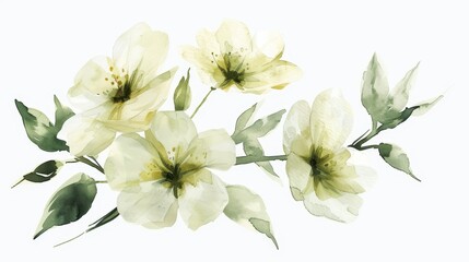 A watercolor painting of a branch of white and yellow flowers.