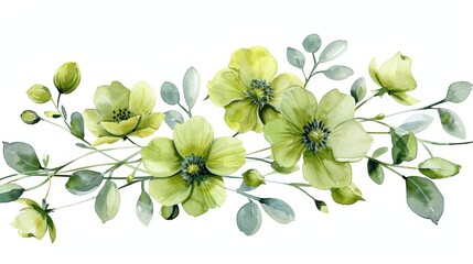 A watercolor painting of a green floral arrangement with hellebores and eucalyptus.