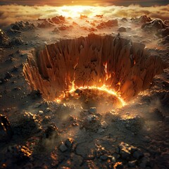 A huge crater after the fall of a meteorite in the ground. - obrazy, fototapety, plakaty