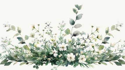 A watercolor painting of a floral arrangement with white flowers and green leaves. - obrazy, fototapety, plakaty