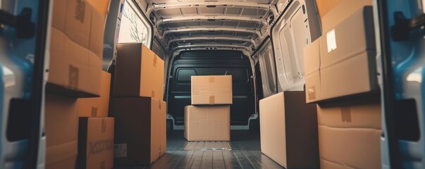Cardboard boxes stacked in a courier car, ready for the courier to deliver packages.