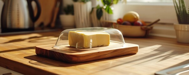 A cube of butter in a butter container placed on the kitchen counter in a modern kitchen.