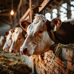 Adult cows in a common brick barn.
