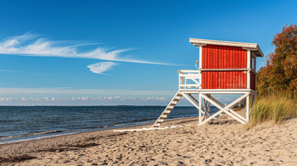 Red and white wooden lifeguard cabin with a stair on an empty sandy beach in Pirita. Empty beach with no people on a sunny day. Tallinn, Estonia. October 2021
