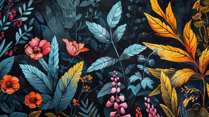 A dark floral pattern with blue and orange flowers and leaves. - obrazy, fototapety, plakaty
