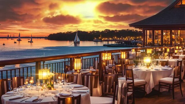 elegant, lakeside, dining, sunset, sailboats, beautifully set tables, warm lighting, fine dining, waterfront, serene, picturesque, tranquil, luxurious, scenic, evening, relaxation, holiday, natural be