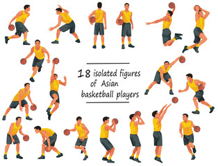 18 Asian basketball players in yellow shirts standing with the ball, running, jumping, throwing, shooting, passing the ball