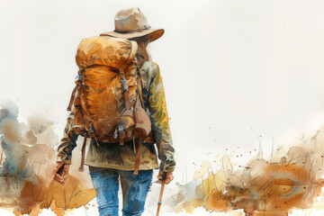 Brown watercolor painting of a female hiking in forest, adventure