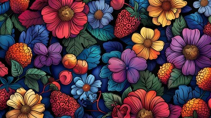 A seamless pattern of colorful flowers and berries. - obrazy, fototapety, plakaty
