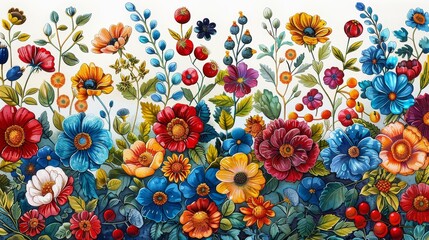A seamless pattern of colorful flowers and berries with a white background. - obrazy, fototapety, plakaty