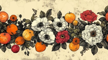 A seamless pattern of hand-drawn flowers and fruit on a cream background.