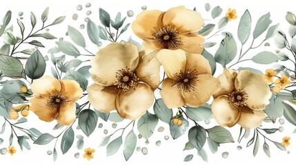 A seamless pattern of hand-painted watercolor flowers and leaves in muted colors. - obrazy, fototapety, plakaty