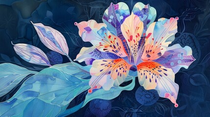 A watercolor painting of a flower with a blue background. - obrazy, fototapety, plakaty