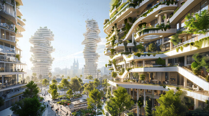 Modern urban skyline with skyscrapers. featuring towering buildings against a clear sky with lush greenery below