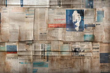 Wall covered in colorful newspapers. Old newspaper background.