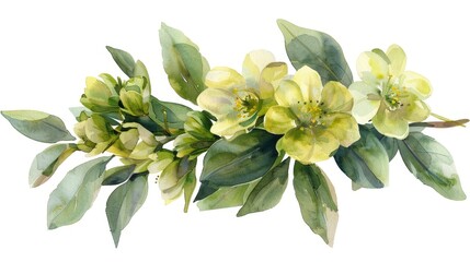 A branch of green leaves and yellow flowers painted in watercolor on a white background. - obrazy, fototapety, plakaty