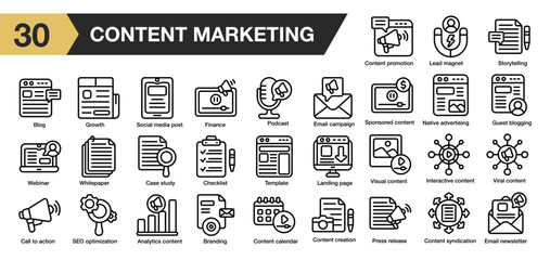 Set of 30 content marketing icon set. Includes landing page, seo, content, video, branding, blog, and More. Outline icons vector collection.