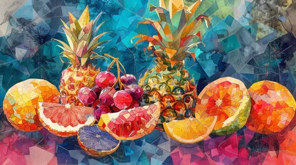 Obraz na płótnie Canvas A painting of a pineapple, cherries, and sliced oranges.