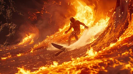 Foto auf Acrylglas Antireflex Surfboard in a fiery hell filled with challenges. © mydegage