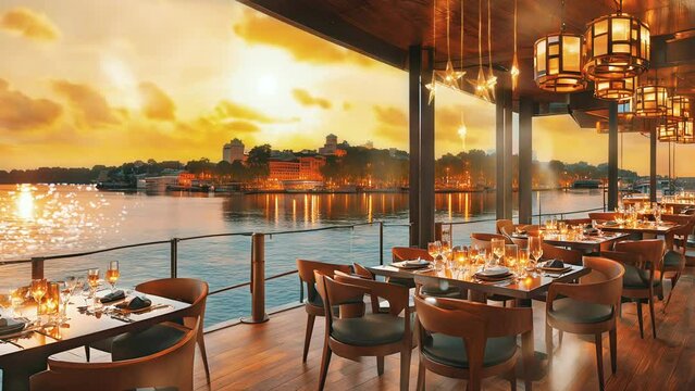 Sunset view from a luxurious lakeside restaurant with elegantly set tables and warm lighting. Fine dining by the water concept. Seamless looping 4k time-lapse virtual video background