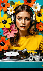 Abstract contemporary modern pop art collage of woman and record decks portrait made of various and colorful geometric shapes and paint strokes.