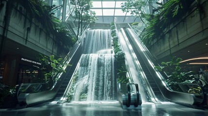 A unique waterfall installation in a shopping mall escalator area