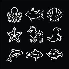 A set of nine icon illustration of a unique Ocean animals concept. octopus, tuna, shell, starfish, Seahorses, seals, Dolphins, tuna, angler fish. Set collection of animals Icons. Simple line art style