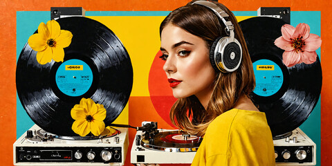 Abstract contemporary modern pop art collage of woman and record decks portrait made of various and colorful geometric shapes and paint strokes. - Powered by Adobe