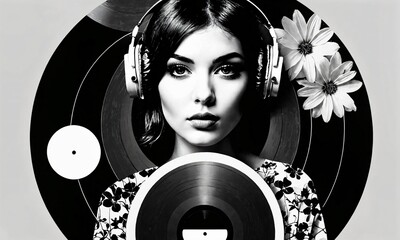 Abstract contemporary modern pop art collage of woman and record decks portrait made of various and...