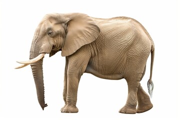 Side profile of an African elephant isolated on a white background displaying its full body, tusks, and textured skin.