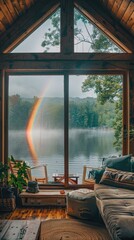 A cozy cabin scene with a large window showing a rainbow across a misty lake