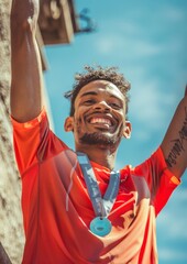 Young athletic man, runner celebrating victory in marathon, arms raised above head and medal around neck.