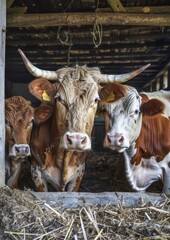 Adult cow and calf in a clean barn on a sunny day.
